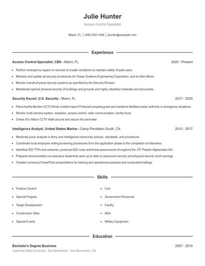 Access Control Specialist Resume
