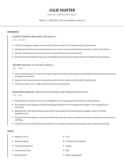 Access Control Specialist Resume