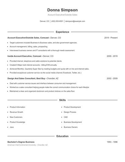 Account Executive/Outside Sales Resume
