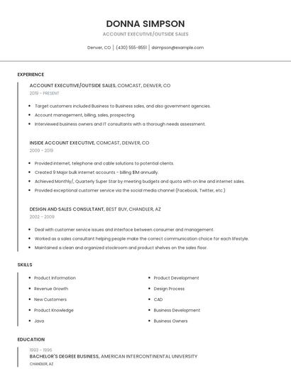 Account Executive/Outside Sales Resume