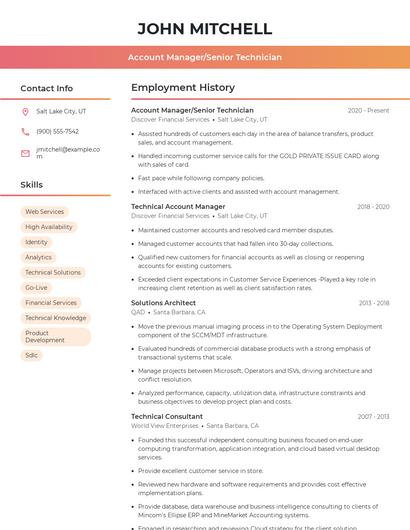 Account Manager/Senior Technician Resume
