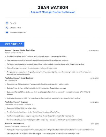 Account Manager/Senior Technician Resume