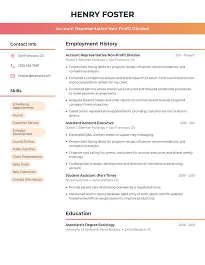 Account Representative-Non-Profit Division Resume