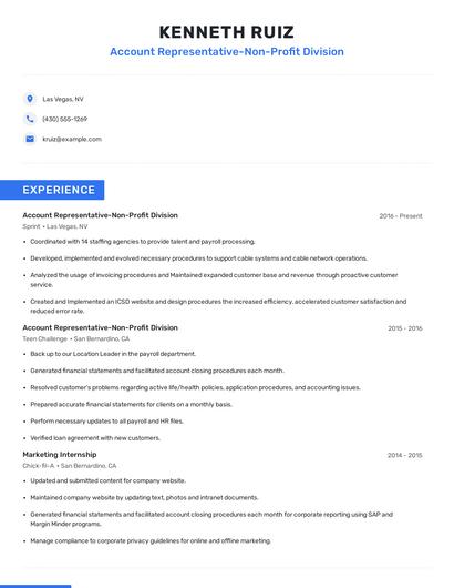 Account Representative-Non-Profit Division Resume