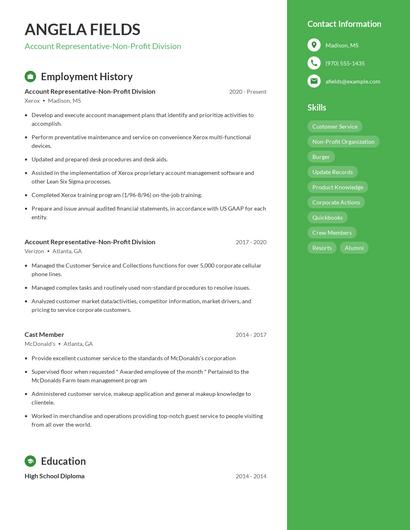Account Representative-Non-Profit Division Resume