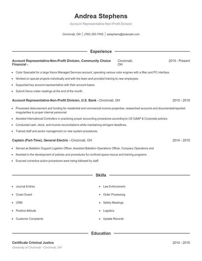 Account Representative-Non-Profit Division Resume