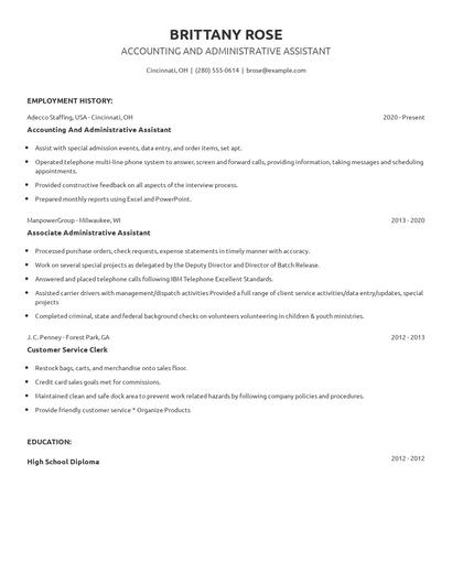 Accounting And Administrative Assistant Resume