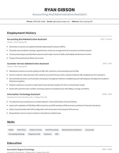 Accounting And Administrative Assistant Resume