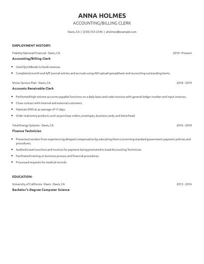 Accounting/Billing Clerk Resume
