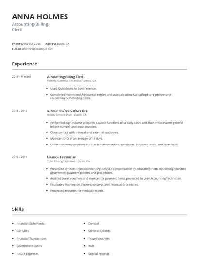 Accounting/Billing Clerk Resume