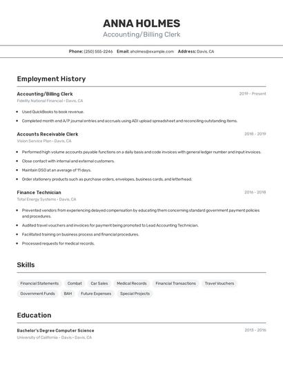 Accounting/Billing Clerk Resume