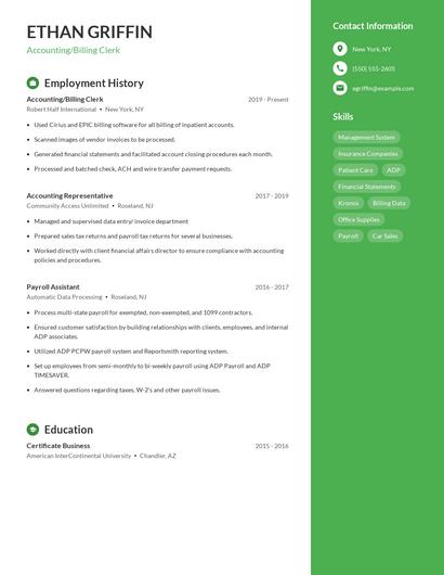Accounting/Billing Clerk Resume