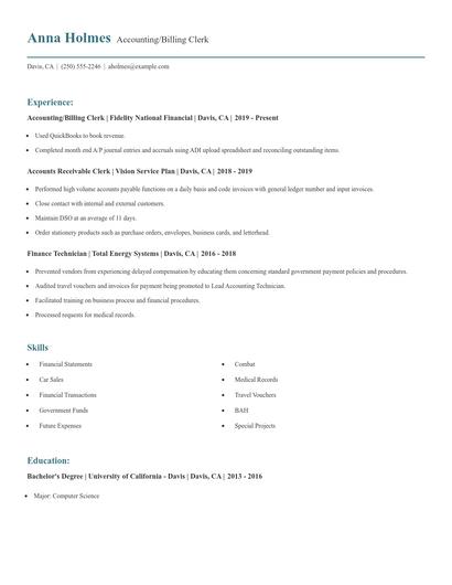 Accounting/Billing Clerk Resume