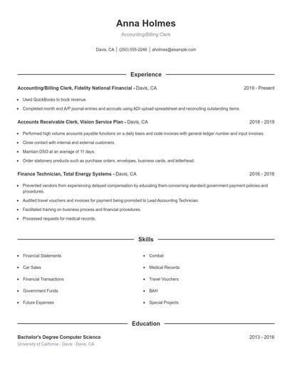 Accounting/Billing Clerk Resume