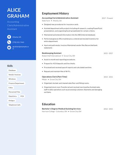 Accounting Clerk/Administrative Assistant Resume