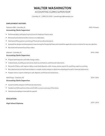 Accounting Clerks Supervisor Resume