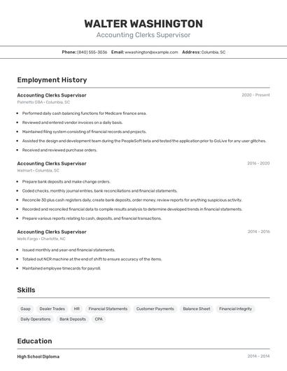 Accounting Clerks Supervisor Resume