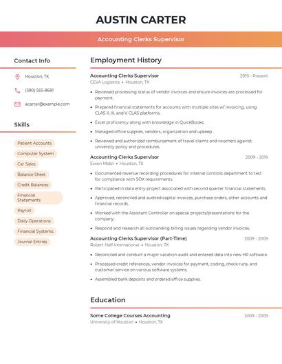 Accounting Clerks Supervisor Resume