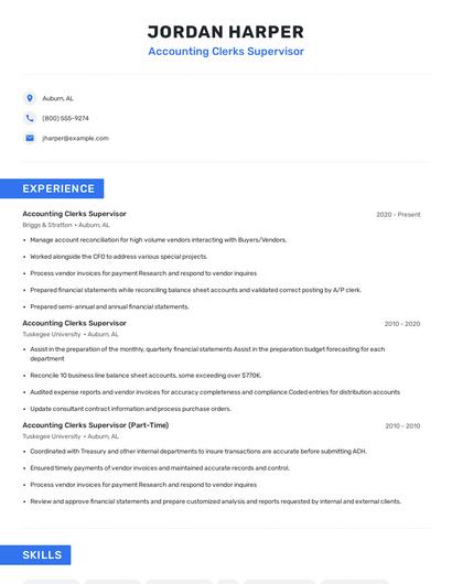 Accounting Clerks Supervisor Resume