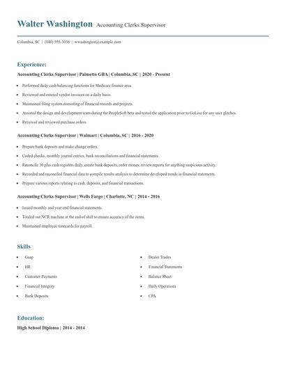 Accounting Clerks Supervisor Resume