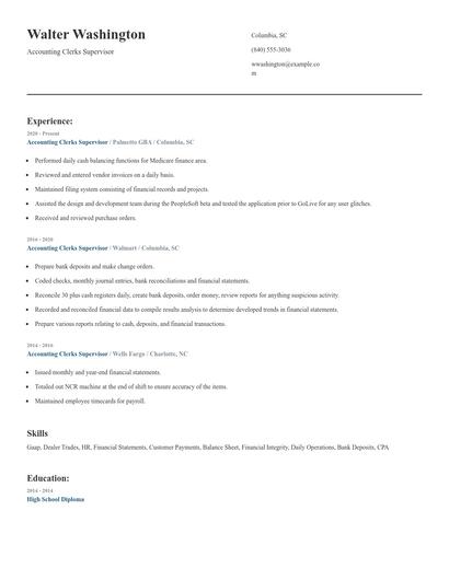 Accounting Clerks Supervisor Resume