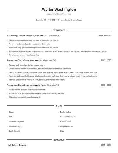 Accounting Clerks Supervisor Resume