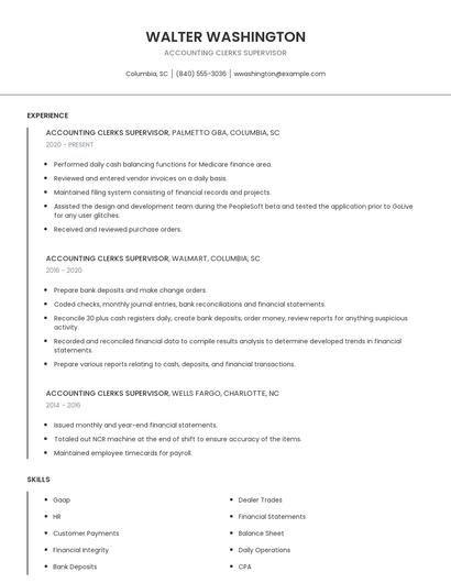 Accounting Clerks Supervisor Resume
