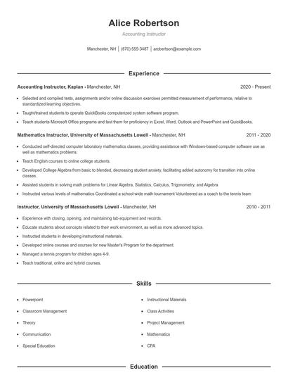 Accounting Instructor Resume