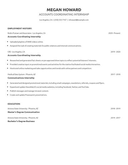 Accounts Coordinating Internship Resume