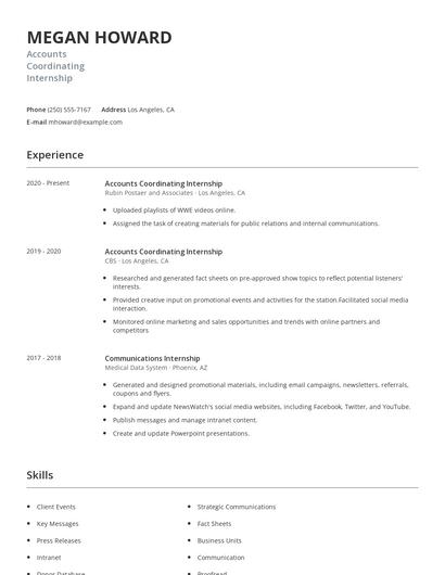Accounts Coordinating Internship Resume
