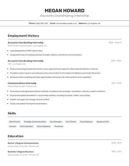 Accounts Coordinating Internship Resume