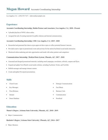 Accounts Coordinating Internship Resume