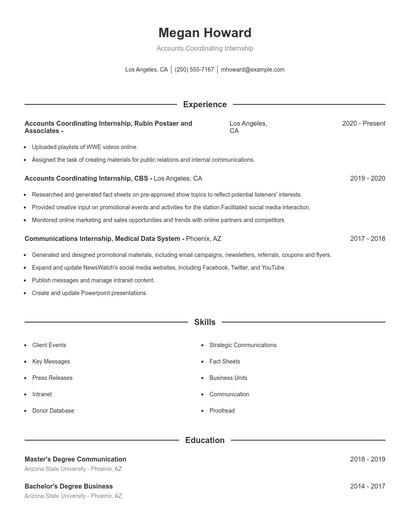 Accounts Coordinating Internship Resume