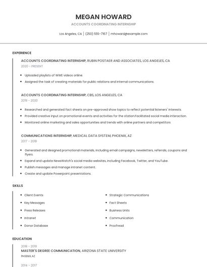 Accounts Coordinating Internship Resume