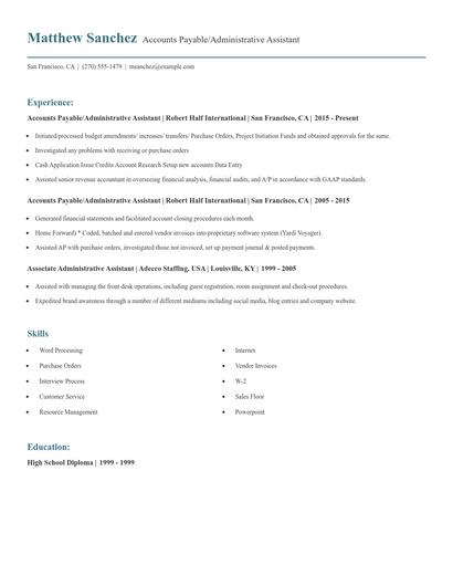 Accounts Payable/Administrative Assistant Resume