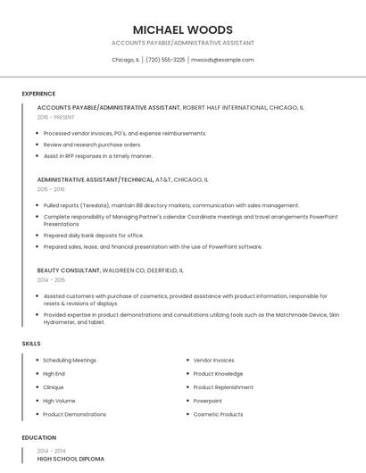Accounts Payable/Administrative Assistant Resume