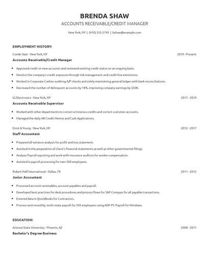 Accounts Receivable/Credit Manager Resume