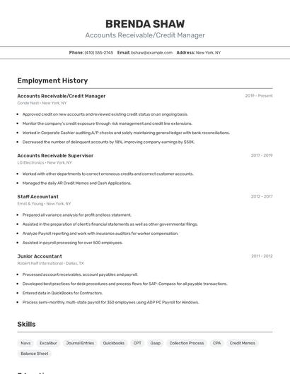 Accounts Receivable/Credit Manager Resume