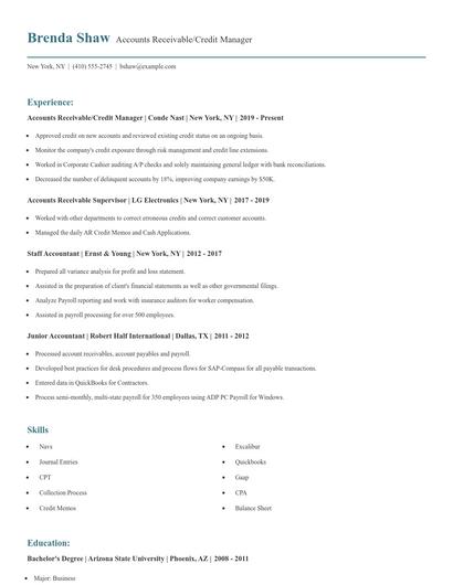 Accounts Receivable/Credit Manager Resume