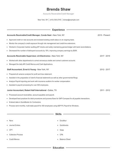 Accounts Receivable/Credit Manager Resume