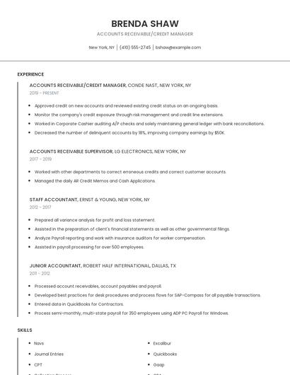 Accounts Receivable/Credit Manager Resume
