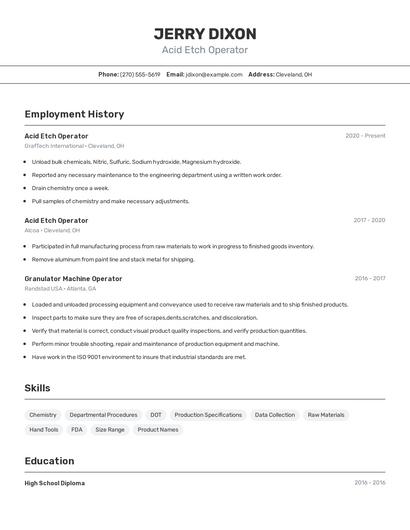 Acid Etch Operator Resume