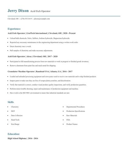 Acid Etch Operator Resume