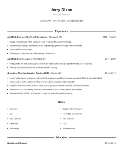 Acid Etch Operator Resume
