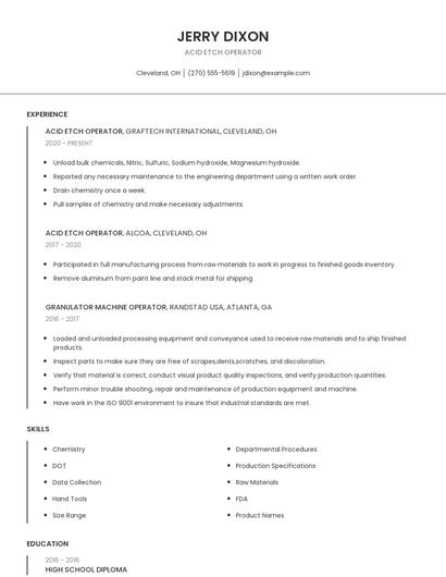 Acid Etch Operator Resume