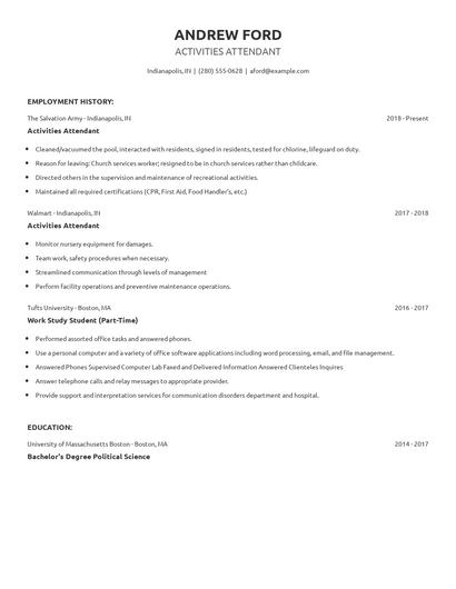 Activities Attendant Resume