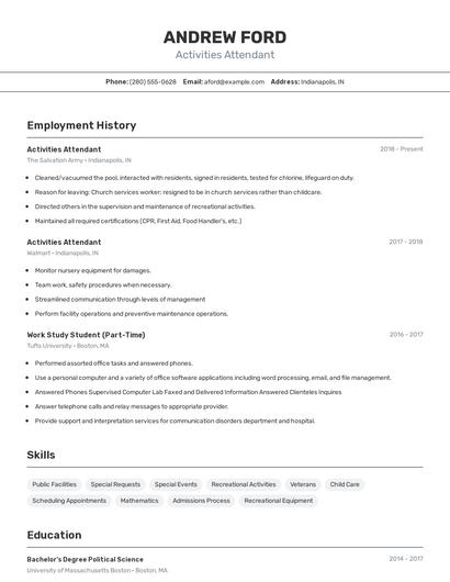 Activities Attendant Resume