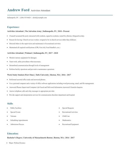 Activities Attendant Resume