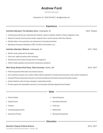 Activities Attendant Resume