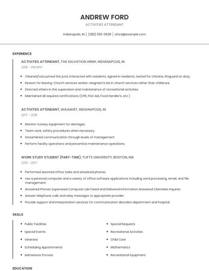 Activities Attendant Resume